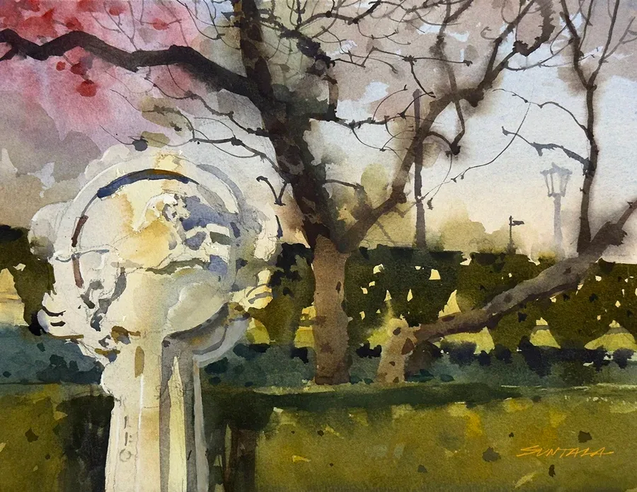 Loose yet illustrative watercolor of the Zodiac plinth statue of Leo in the Fine Arts Garden of the Cleveland Museum of Art.