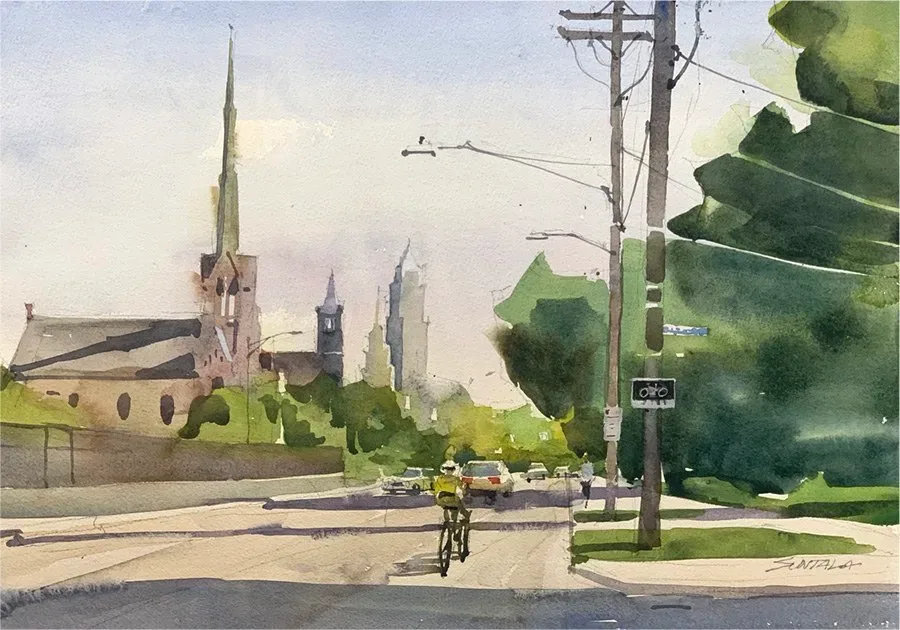 Plein air watercolor painting of W 14th St looking north in Tremont neighborhood of Cleveland.