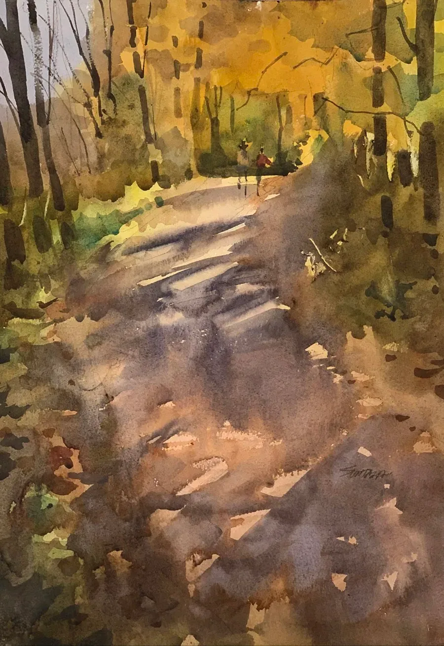 Loose watercolor of two walkers on the Towpath Trail in Peninsula, OH