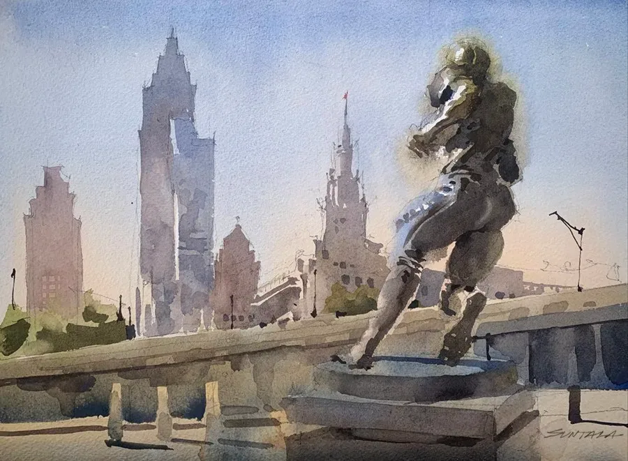 Loose watercolor of the Jim Brown statue at Cleveland Browns Stadium.