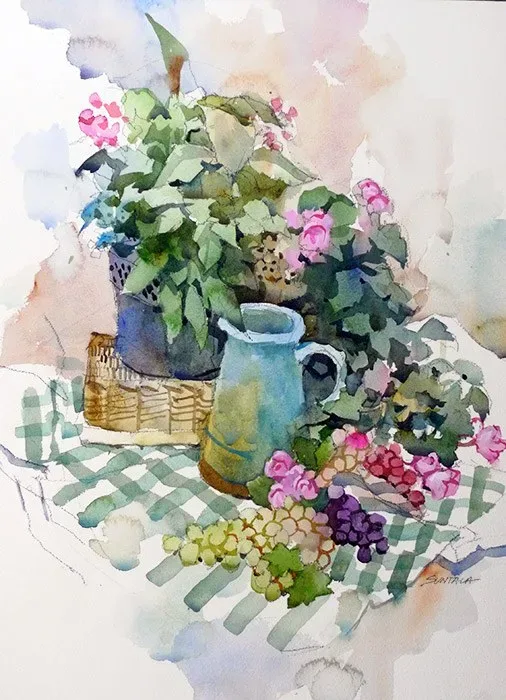 Still Life with Vase and Grapes, watercolor on paper, 2013