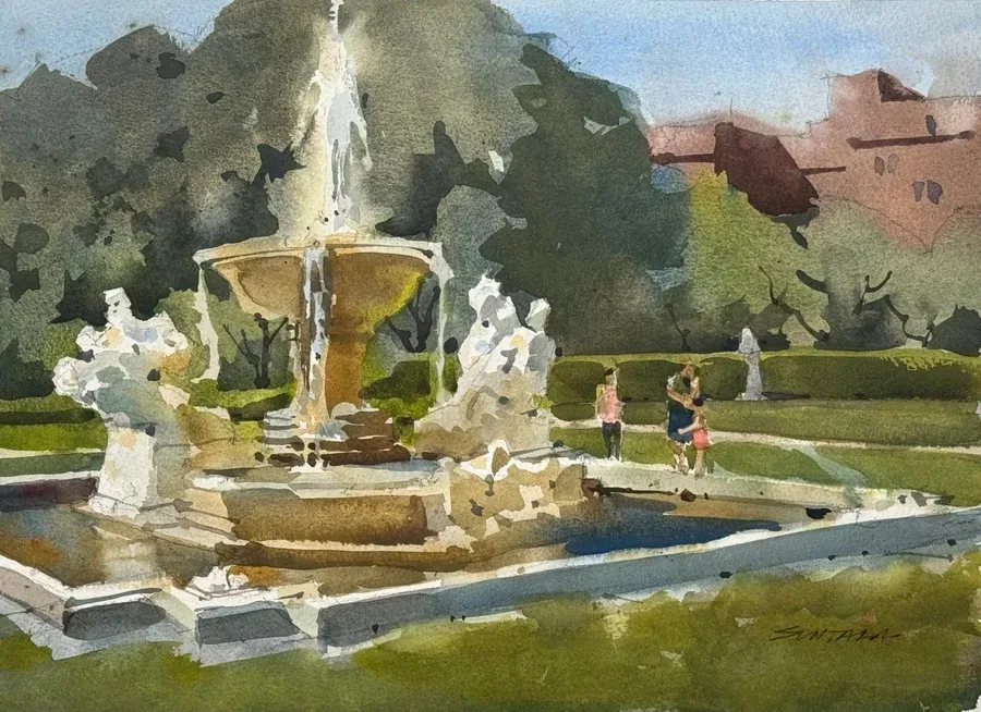 Loose plein air watercolor of the "Fountain of the Waters" by Chester Beach in the Fine Arts Garden at the Cleveland Museum of Art.