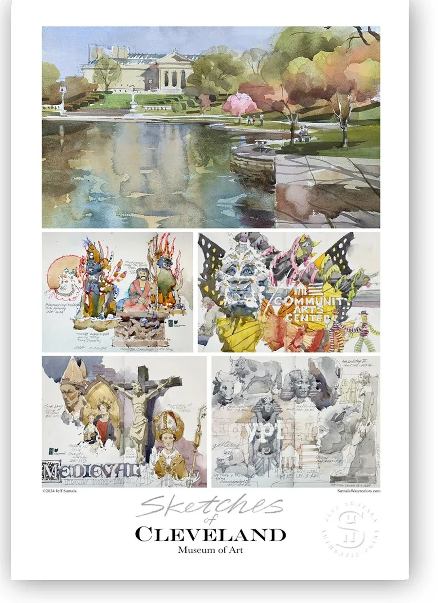 Print featuring sketches and paintings of the Cleveland Museum of Art