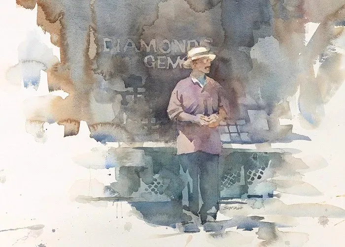 Watercolor of man standing in front of jewelry store