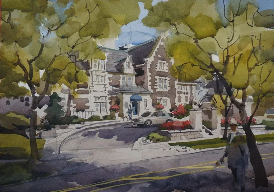 Plein air watercolor of the Glidden House in University Circle.