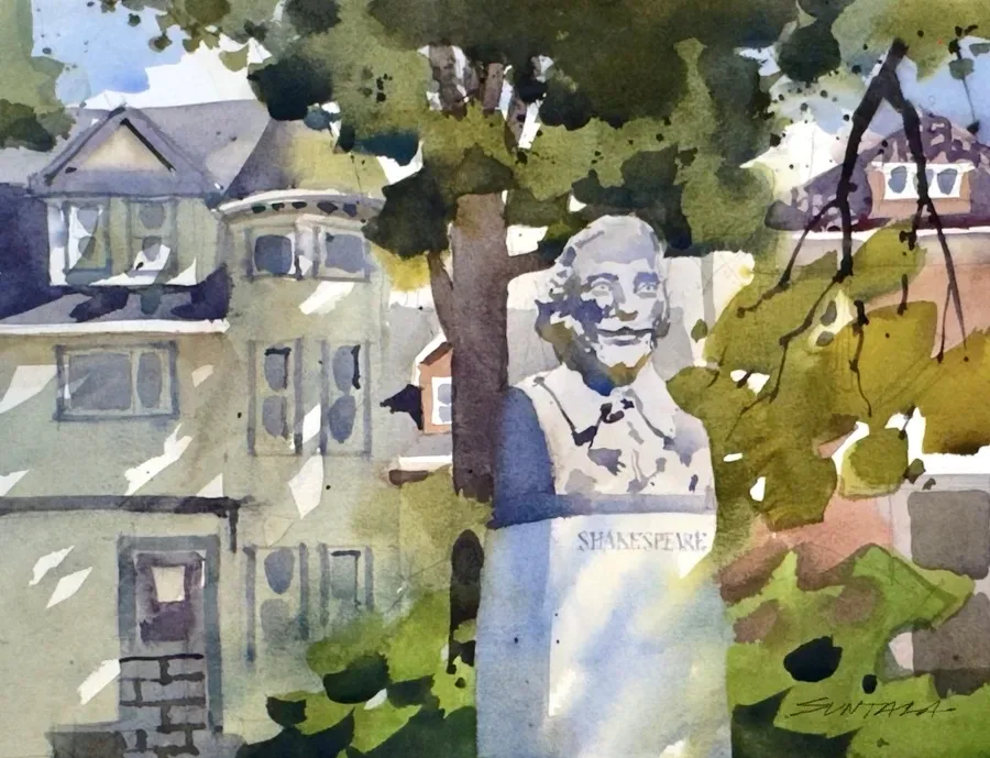 Loose plein air watercolor of the Shakespeare bust in the British Cultural Garden in Cleveland, OH.