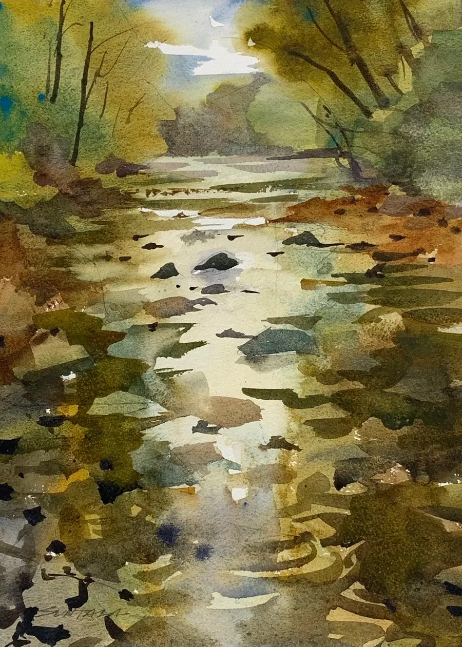 Loose plein air watercolor of Furnace Run, Peninsula, OH.