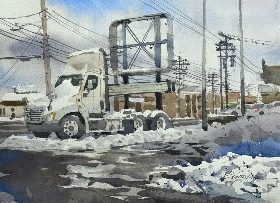 Loose watercolor of semi truck cab covered in snow parked in an abandoned Burger King parking lot.