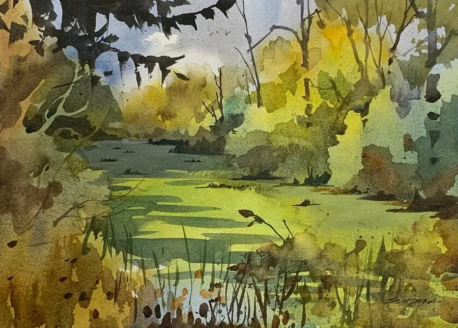 Loose plein air watercolor of the Ohio Erie Canal at Beaver Marsh, Cuyahoga Valley National Park