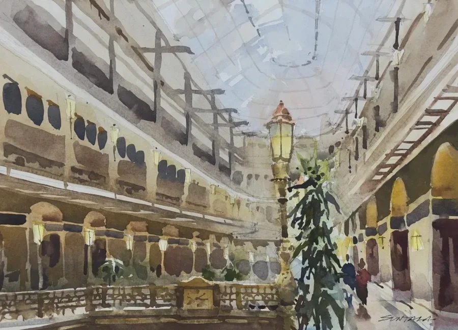 Loose yet illustrative watercolor of the Cleveland Arcade (Hyatt Regency Hotel).
