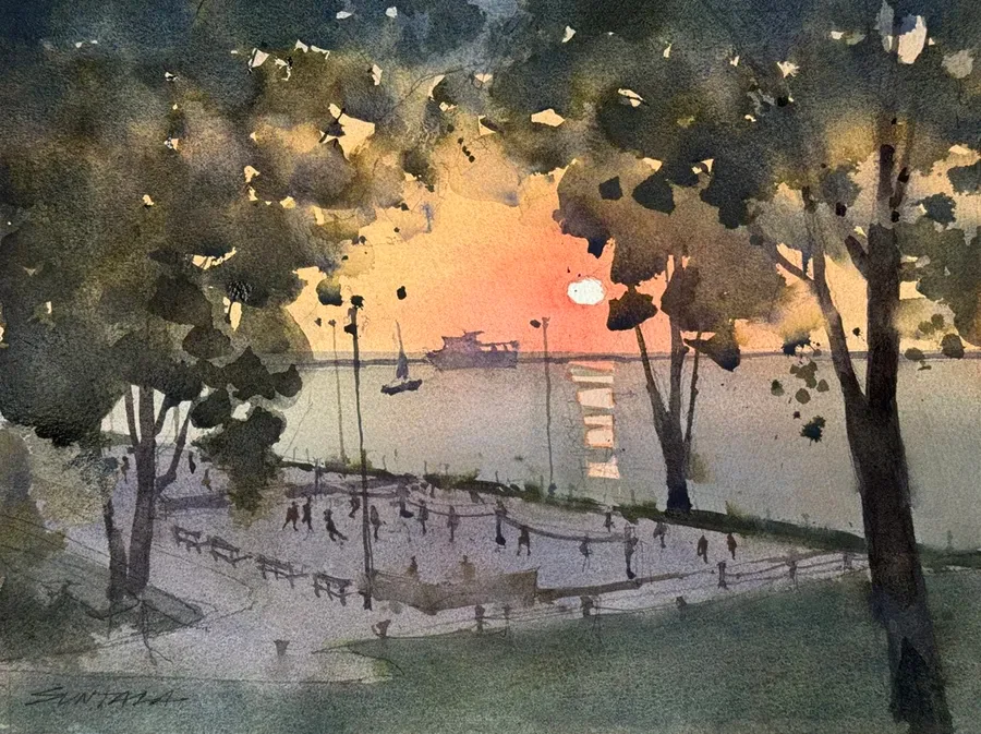 Loose plein air watercolor of the Volleyball Courts on Whiskey Island