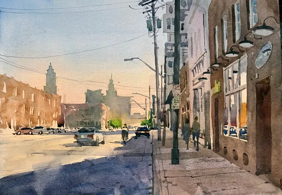Plein air watercolor of Detroit Ave looking east at the Cleveland skyline.