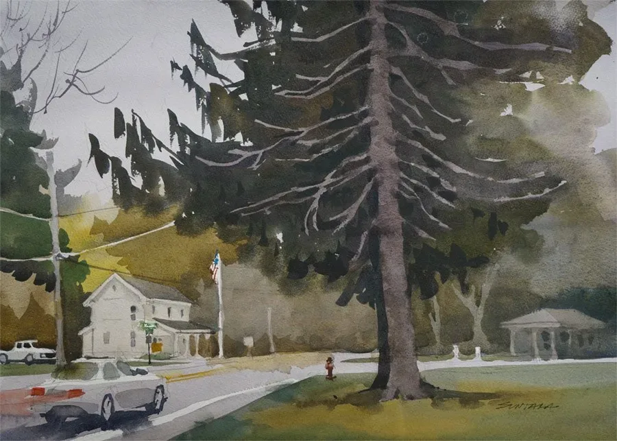 Loose plein air watercolor of the intersection of Everett and Riverview Rds, Peninsula, OH.