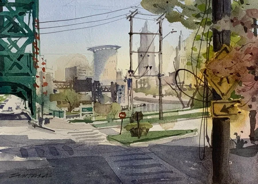 Watercolor of the Cleveland skyline with the Columbus Rd bridge on the left and flowering crabapples and pears on the right.