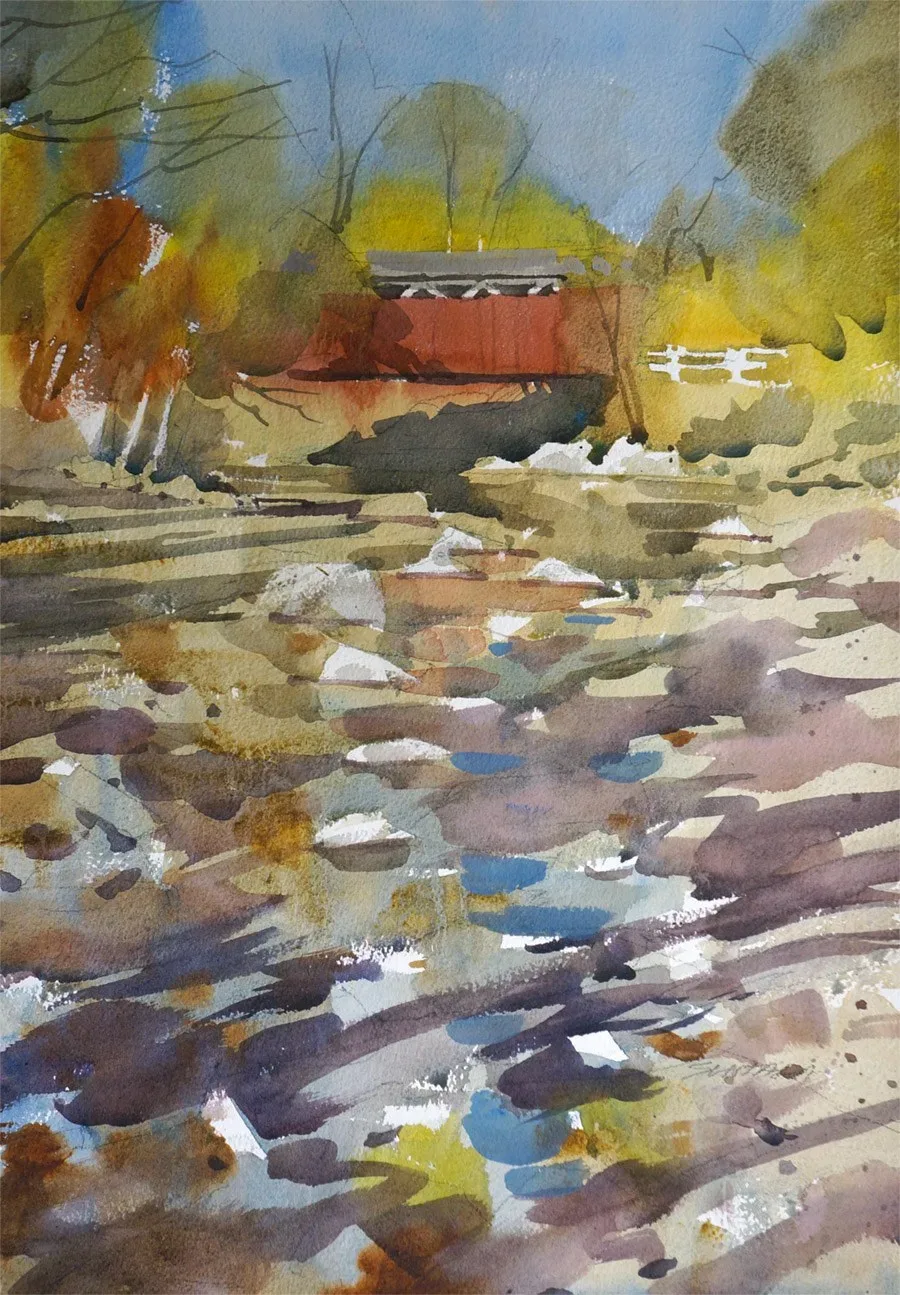 Loose plein air watercolor of the Everett Rd covered bridge in the Cuyahoga Valley National Park