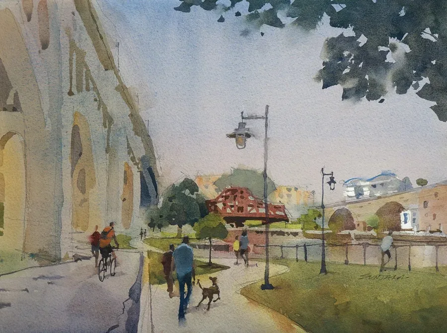 Loose plein air watercolor of Canal Basin Park in Cleveland, OH.