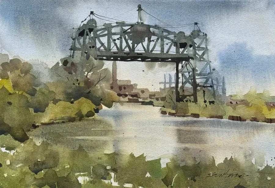 Plein air watercolor of the Eagle Ave. Bridge over the Cuyahoga River, Cleveland, OH.