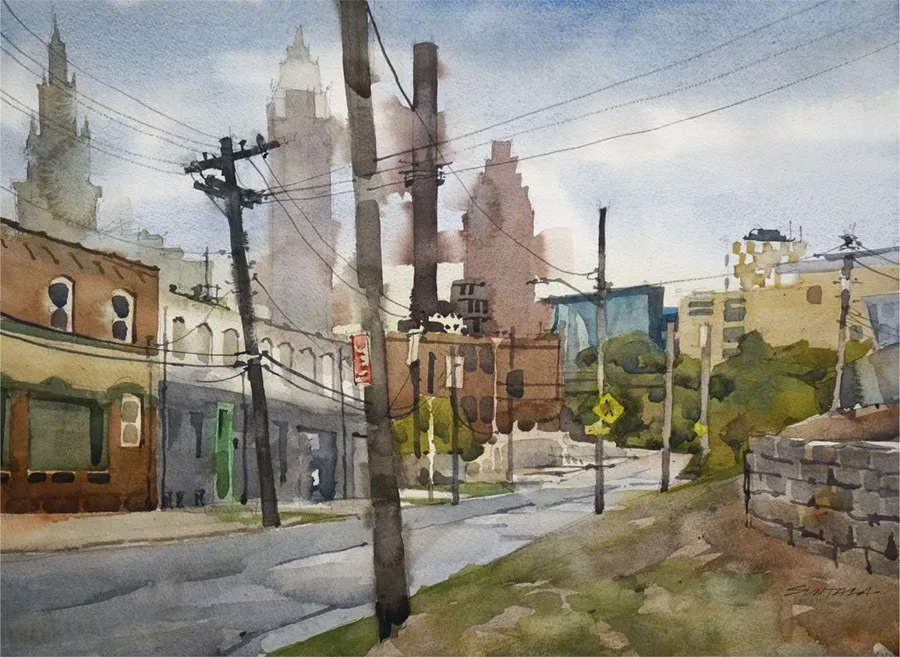 Loose watercolor of Canal Rd in the Cleveland flats.