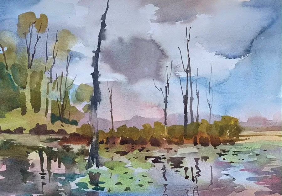 Loose watercolor of the Beaver Marsh in the Cuyahoga County National Park