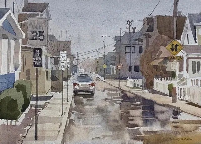 Loose plein air watercolor of a very wet W 69th St Cleveland, OH looking north.
