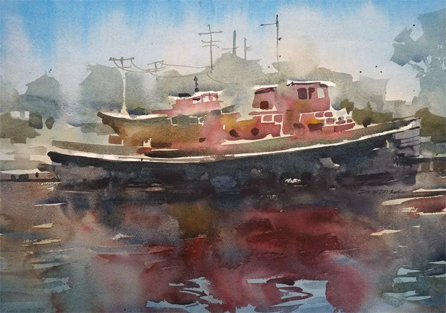 Loose watercolor of tugboat.