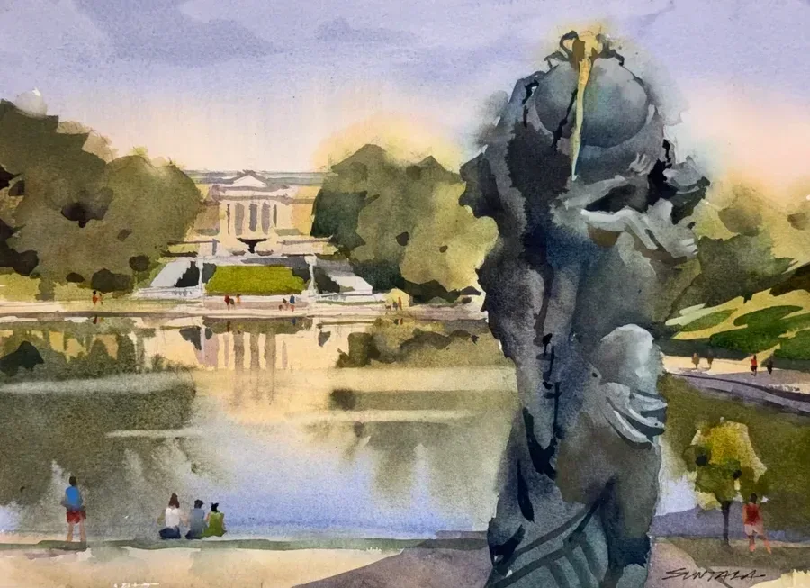 Loose watercolor of Night Passing Into Day Statue.