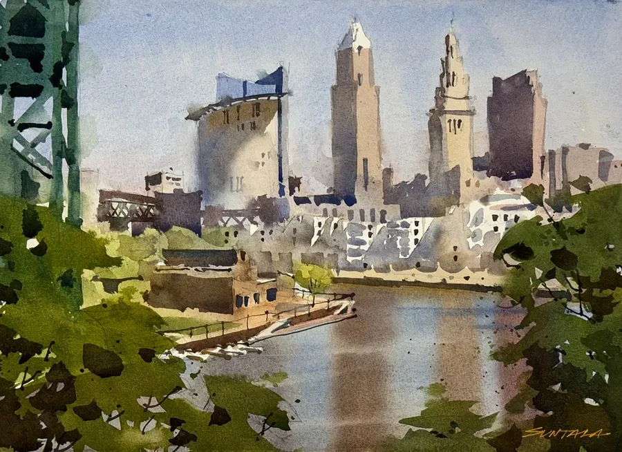 Loose yet illustrative watercolor of the Cleveland skyline from the vantage point of Carter Rd just to the right before crossing the Columbus Rd bridge.