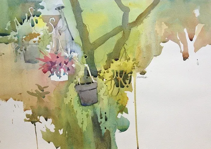 Loose watercolor of hanging flower baskets