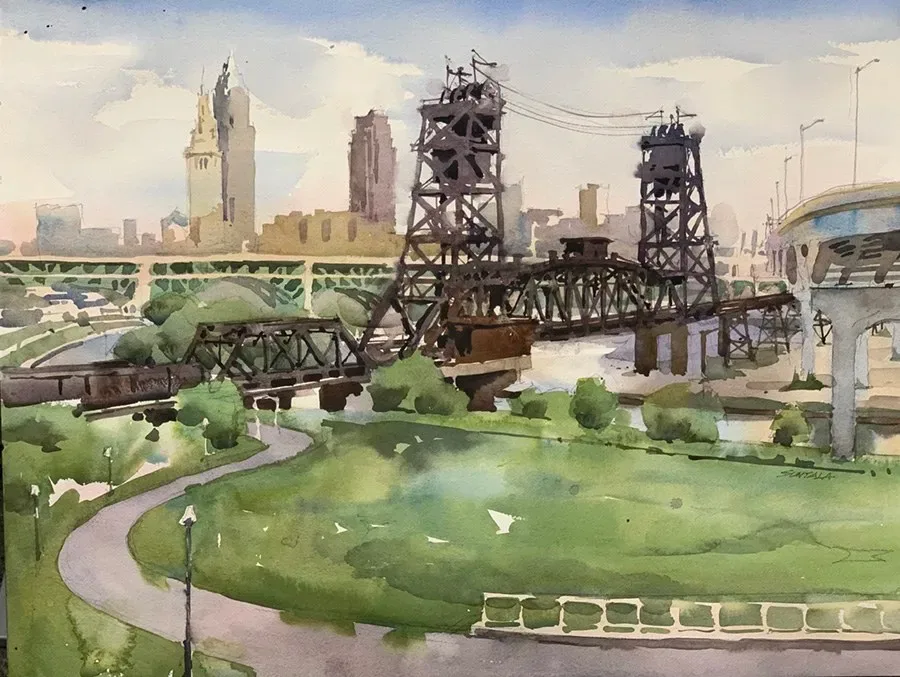 Watercolor of the Cleveland skyline from Tremont with the Nickel Plate Railroad bridge and the Towpath Trail.