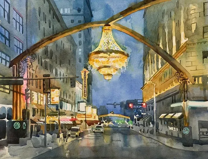 Watercolor of night scene of chandelier at Playhouse Square.
