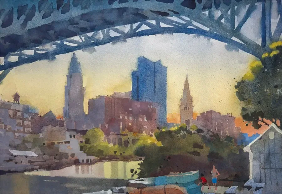 Loose plein air watercolor of the Cleveland Skyline as seen from the parking lot of the Music Box Supper Club.