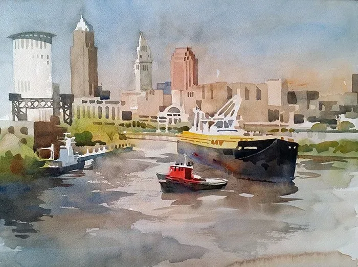 Watercolor of cement freighter on the Cuyahoga River