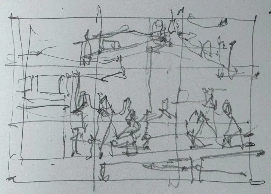 thumbnail sketch of red orange caboose painting