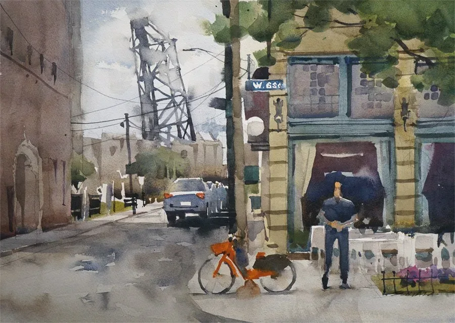 Loose watercolor of Johnny's Downtown restaurant at Frankfort and W 6th St, downtown Cleveland.