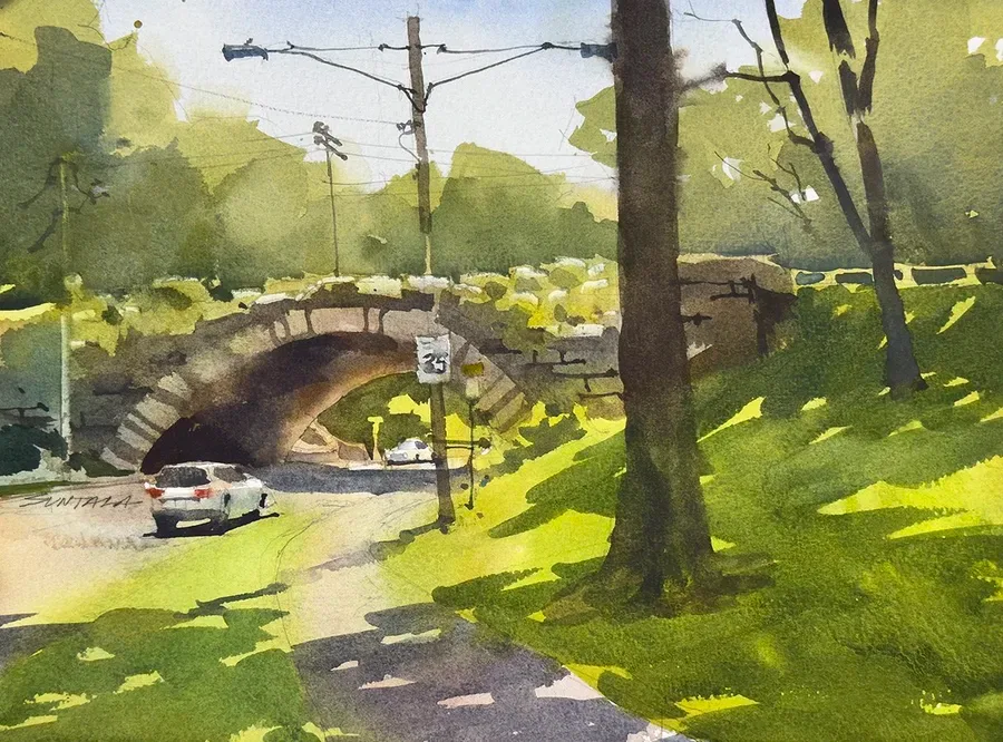 Loose plein air watercolor of the Wade Park Ave Schweinfurth bridge.