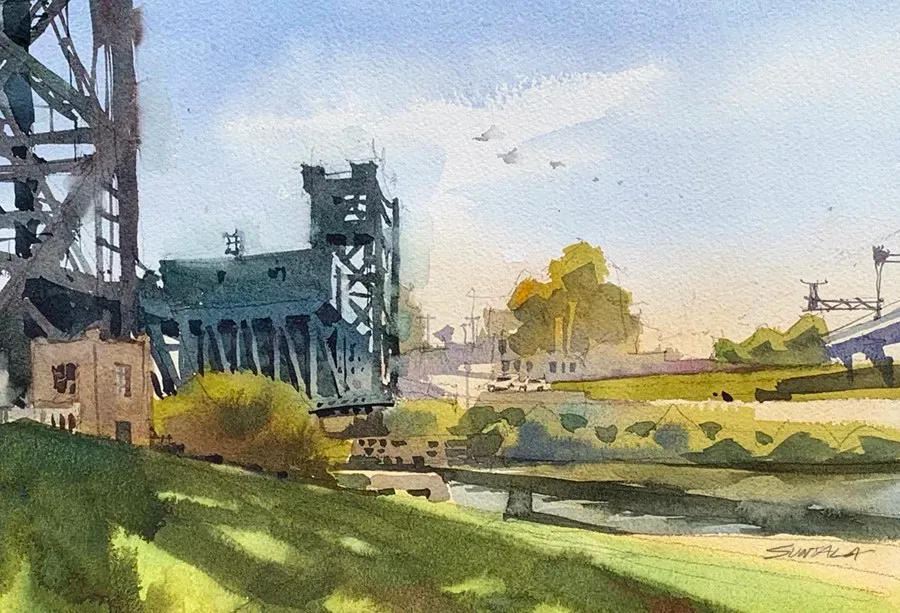 Loose watercolor of the Columbus Rd bridge