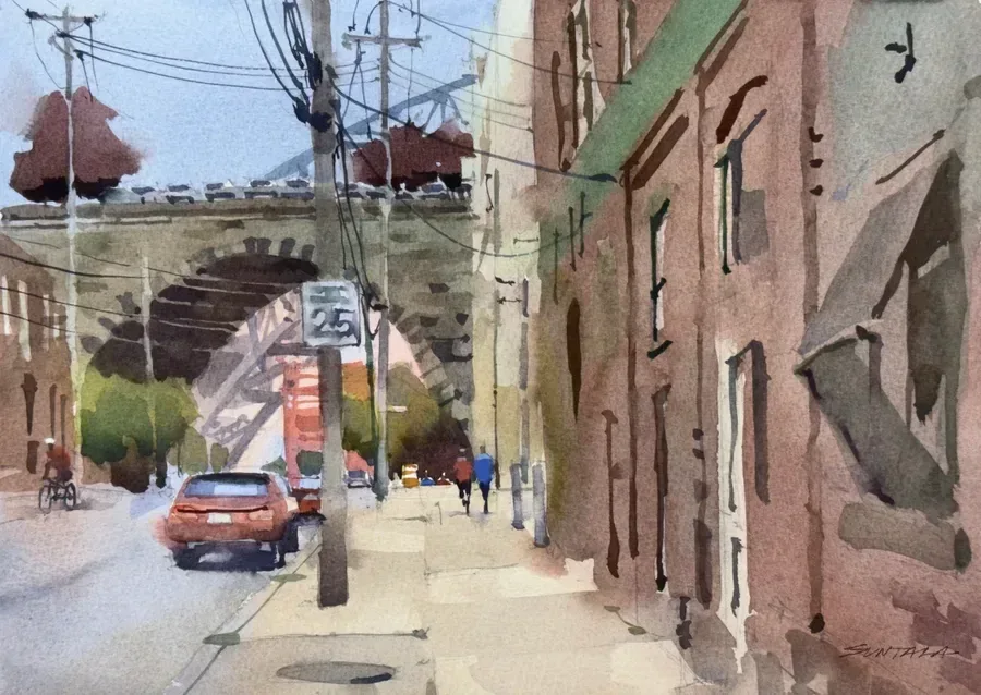 Watercolor looking down the sidewalk of Center Street in the Flats towards the Superior Viaduct.