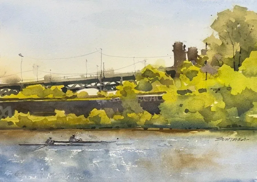 Loose yet illustrative watercolor of the Scranton Rd peninsula as seen from the Foundry parking lot in the Flats. The Guardian statues can be seen in the distance and two scullers are rowing side by side on the backlit river.