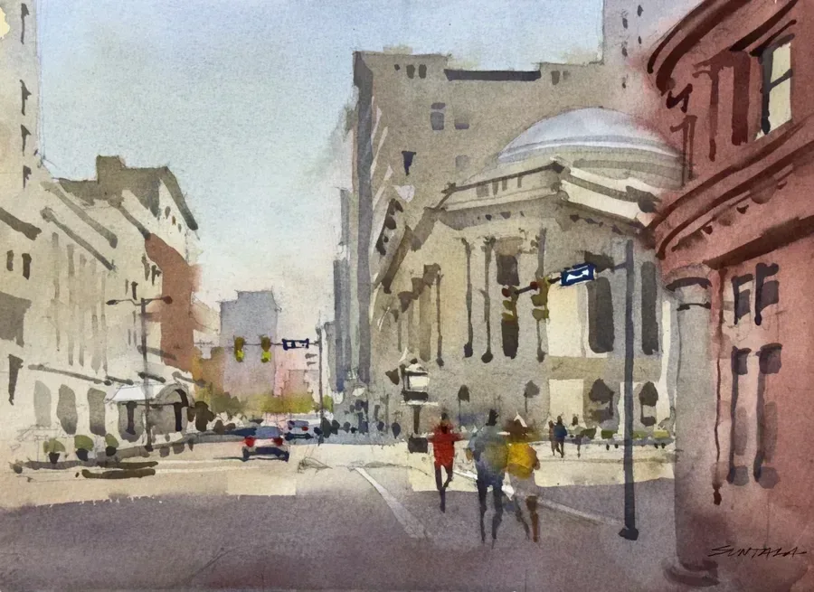 watercolor of Euclid Ave and E 9th Street looking East.