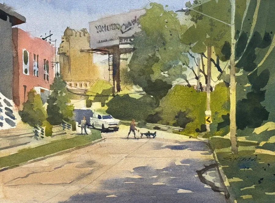 Loose plein air watercolor of W 17th Street in Ohio City, Cleveland.