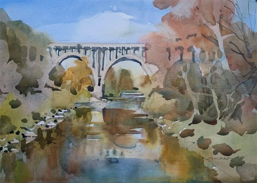 Loose plein air watercolor of the Rt 8 viaduct bridge over the Cuyahoga River in Peninsula, OH