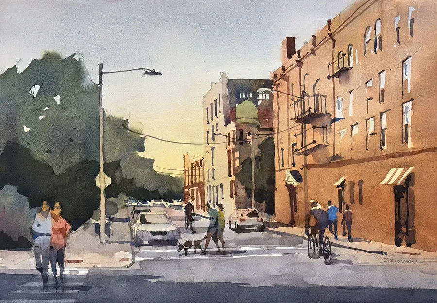 Loose but accurate watercolor of W 26th St. in Cleveland looking north toward the Great Lakes Brewery.