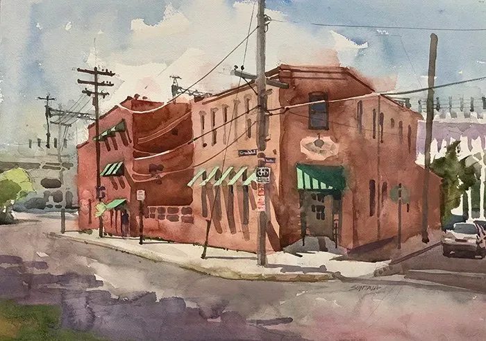Watercolor of the Collision Bend Cafe in the Flats, Cleveland, OH