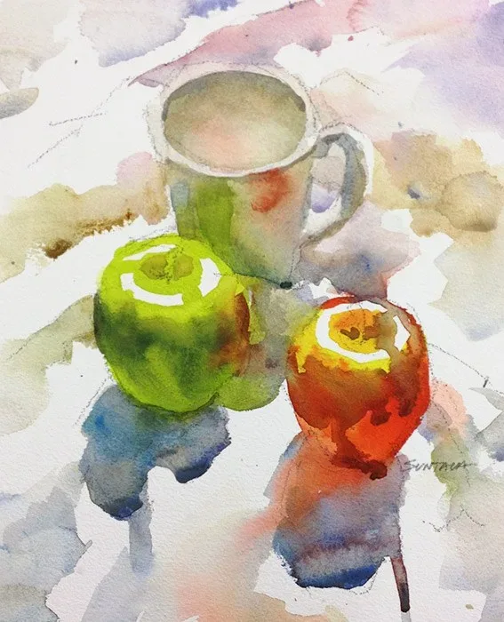 Still Life with Mug and Two Apples, watercolor on paper, 2013