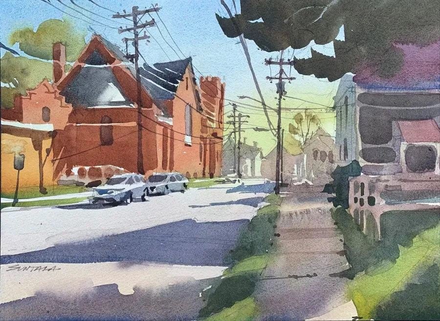 Plein air loose watercolor of a red brick church on Meyer Ave, Cleveland, OH.