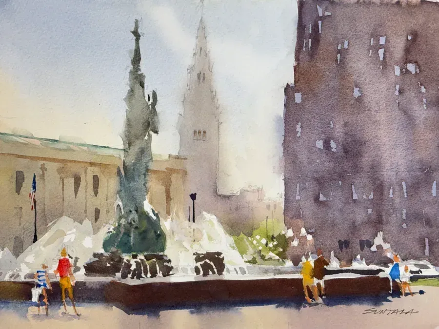 Loose watercolor of the Fountain of Eternal Life with the Terminal Tower in the background.