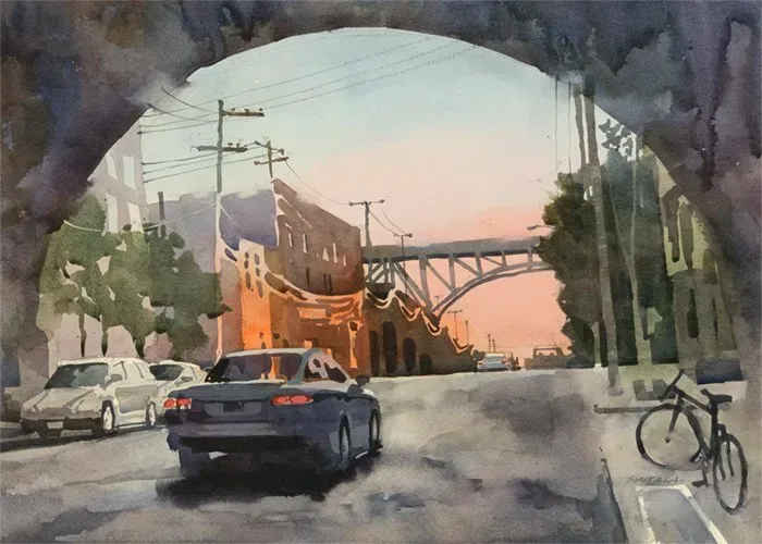 View under the Superior Viaduct looking at sunset.