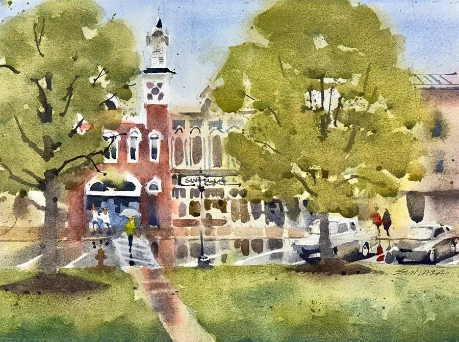 plein air watercolor of Medina Public Square.