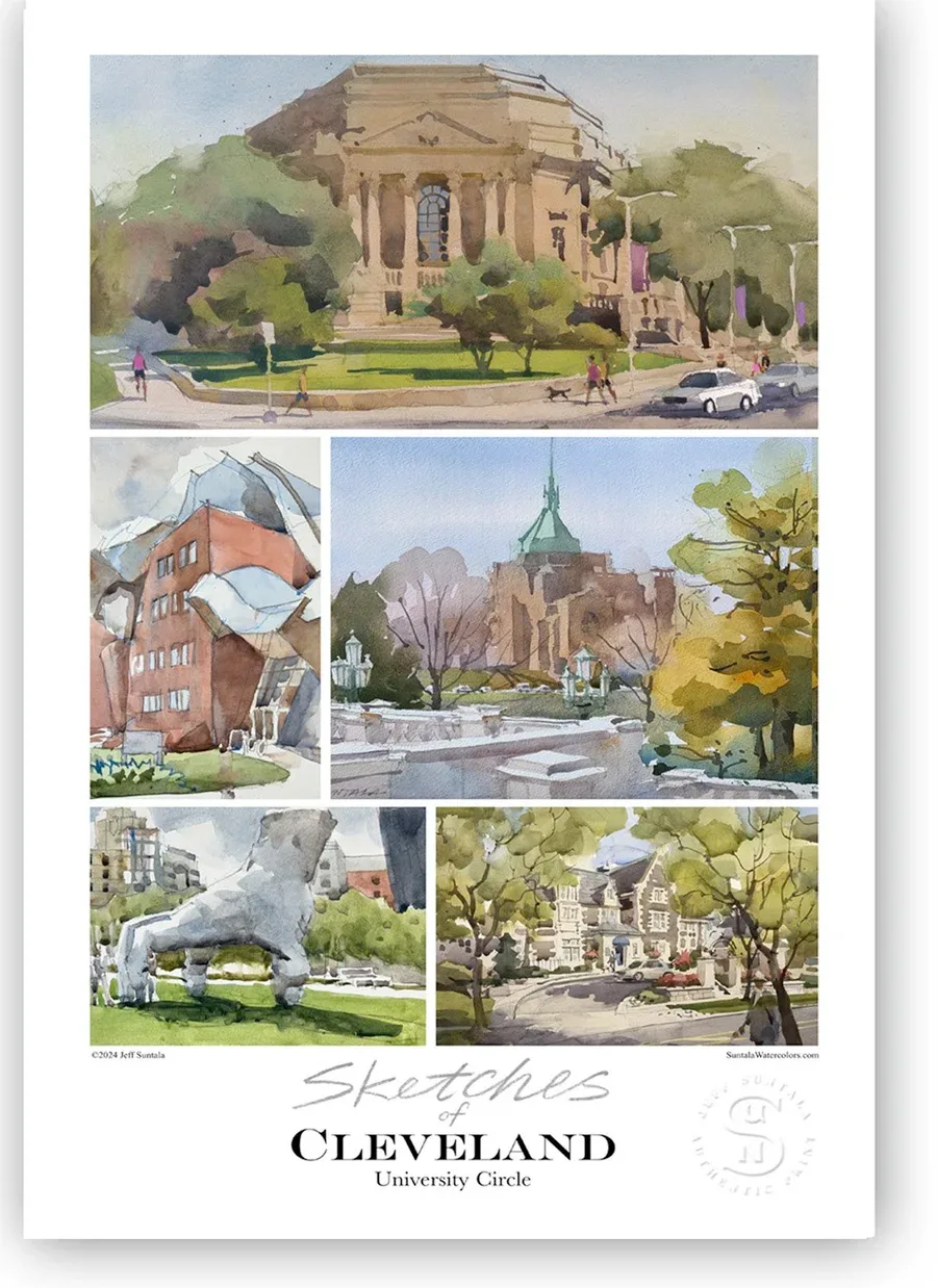 Print featuring sketches and paintings of the University Circle area.