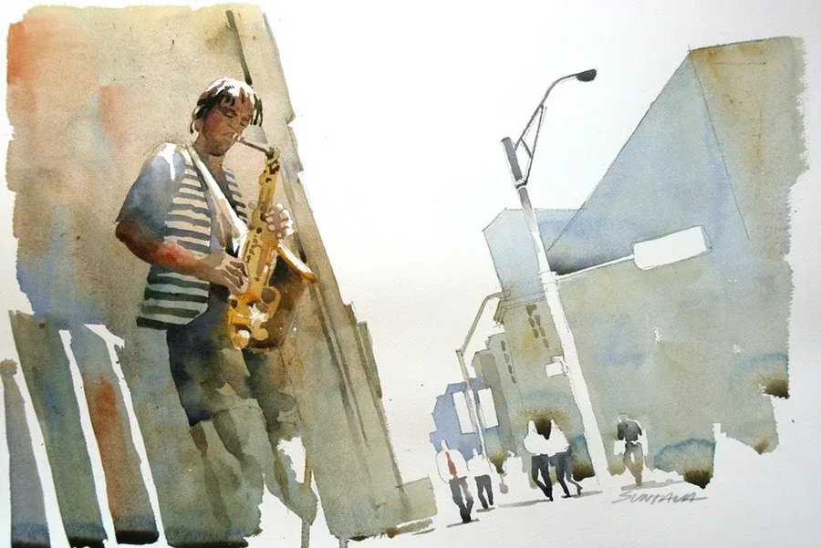 The Sax Man, watercolor on paper, 2013